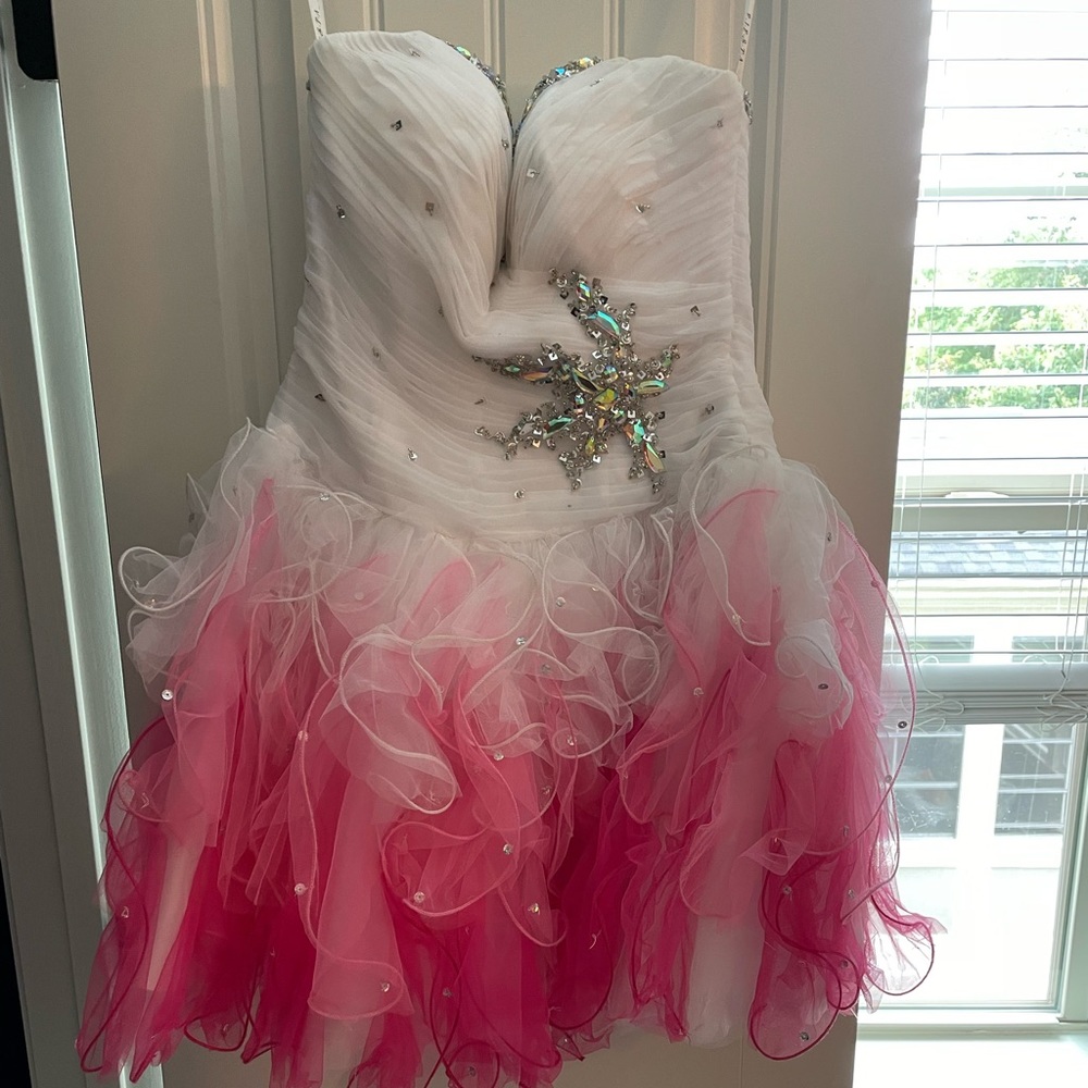 White and pink prom dress, size small with gems and bling